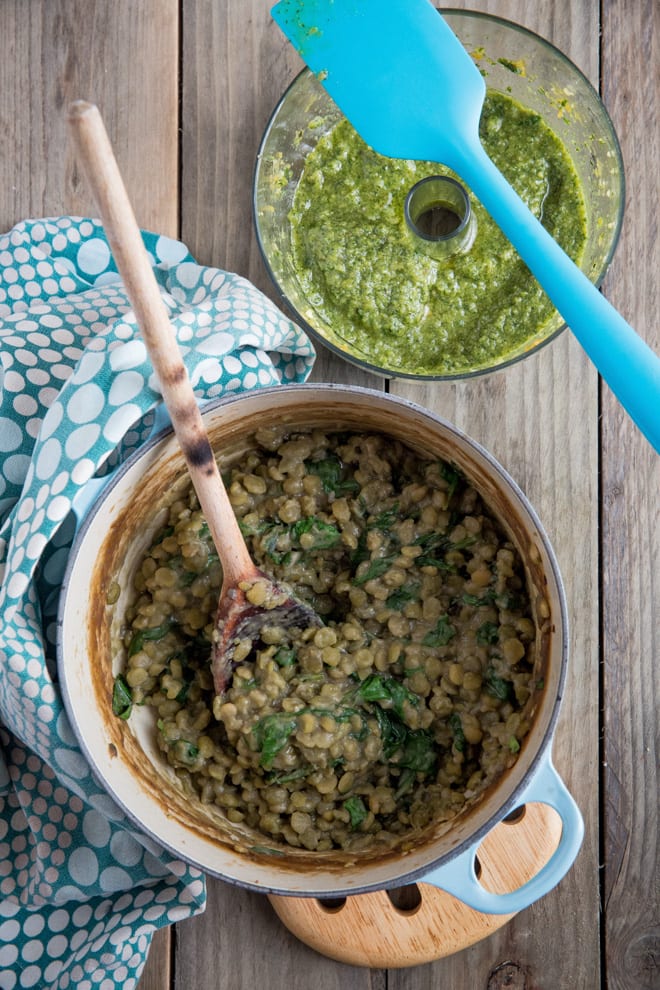 Green Split Pea and Pesto Stuffed Conchiglie - soft pasta shells filled with split peas and homemade pesto, baked in a tangy tomato sauce. All vegan and all delicious! #veganpastarecipe #veganrecipes #pastarecipes | Recipe on thecookandhim.com