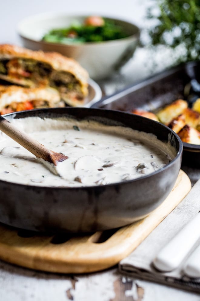 Mushroom Sauce - this rich, creamy vegan sauce is so simple to put together and so versatile! Spoon it over your favourite pie or stir through pasta for a quick and deliciously nutritious meal #veganrecipes #easyveganrecipes #meatfree | Recipe on thecookandhim.com