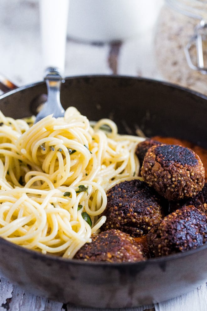 Vegan Meatballs - so many good things positively crammed into these protein rich vegan 'meatballs'! So simple to put together but pack big, hearty flavours into each bite! #veganmeatballs #meatfree #glutenfree | Recipe on thecookandhim.com