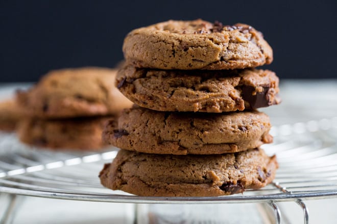 Vegan Cookies - thick, soft cookies loaded with gooey chocolate chunks! No one would ever know they're vegan! #vegancookies #chocolatechipcookies #chocolatechunkcookies | Recipe on thecookandhim.com