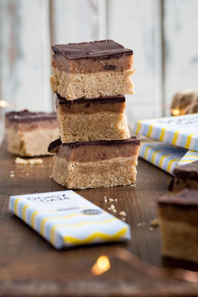 Vegan Millionaire's Shortbread - a rich vegan shortbread base topped with sticky sweet caramel and divine vegan superfood chocolate! #veganbaking #veganchocolate #veganrecipes | Recipe on thecookandhim.com