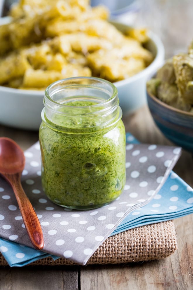 Vegan Pesto - just 5 minutes to make, this vegan pesto recipe couldn't be simpler or more tasty! And so verstatile - stir through pasta, liven up potato salad, swirl through a vegan cheese sauce to top a lasagne, so many possibilities! #veganpesto #pestopasta #pestorecipe #basilpesto | Recipe on thecookandhim.com