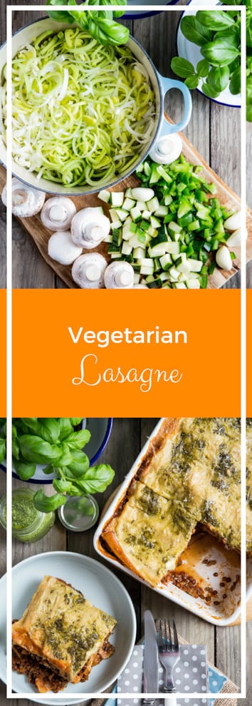 Vegetarian Lasagne Recipe - packed with veggies and lentils in a rich tomato sauce, layered and topped with a vegan cheese and pesto sauce #vegetarianlasagne #vegetablelasagne #veglasagnerecipe #veganrecipes | Recipe on thecookandhim.com
