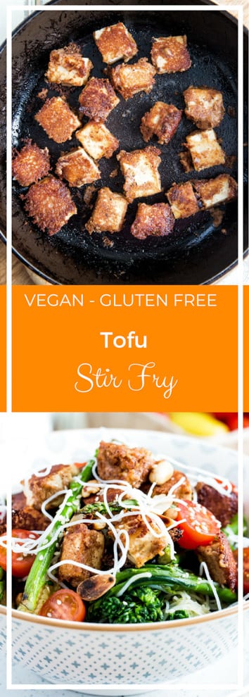 Tofu Stir Fry - crisp tofu marinated in a peanut stir fry sauce with fresh stir fry vegetables and rice noodles! #tofustirfry #cripsytofu #tofurecipes #veganrecipes | Recipe on thecookandhim.com