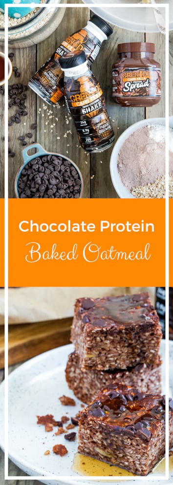 Chocolate Protein Baked Oatmeal - triple chocolate fudgy baked oatmeal with protein shake, protein spread and protein powder! The perfect post work out treat! #bakedoats #proteinbreakfast | Recipe on thecookandhim.com