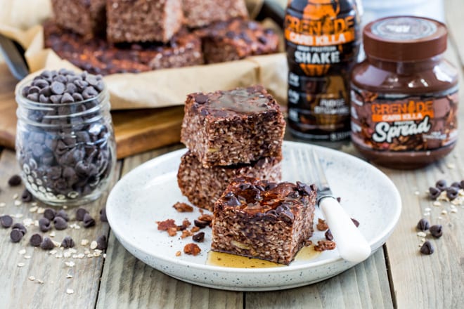 Chocolate Protein Baked Oatmeal - triple chocolate fudgy baked oatmeal with protein shake, protein spread and protein powder! The perfect post work out treat! #bakedoats #proteinbreakfast | Recipe on thecookandhim.com