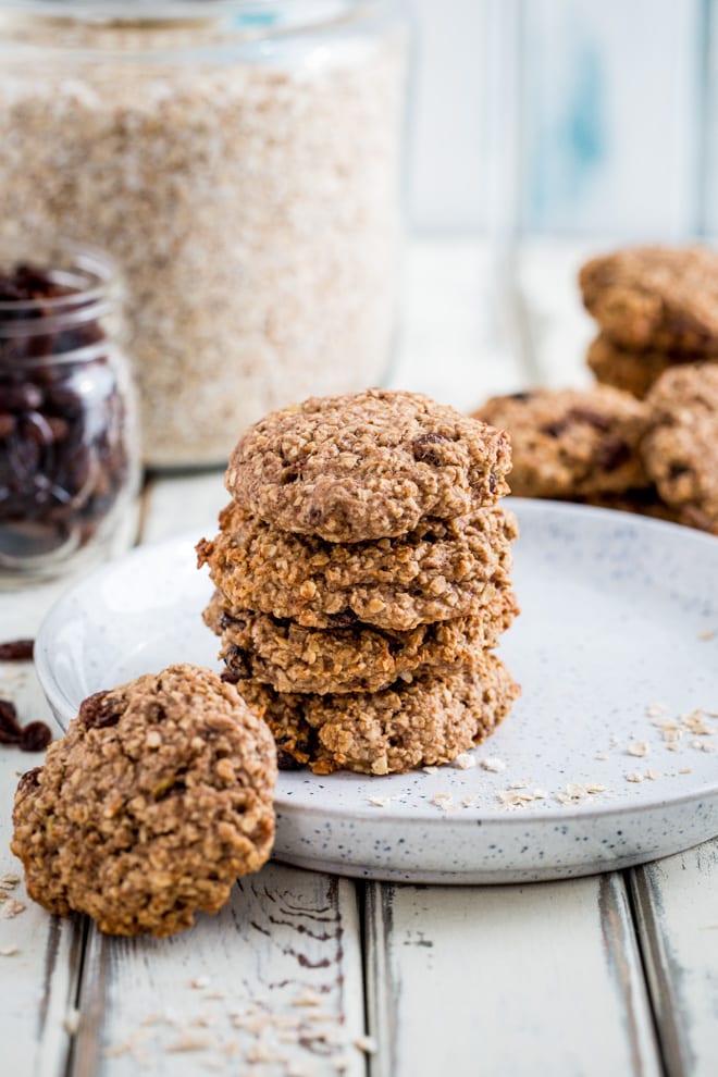 Healthy Cookies - with much less sugar than the average cookie and packed with nutrients these cookies are healthy as well as delicious and a convenient breakfast to grab and go! #breakfastcookies #healthycookies #veganbaking #vegancookies | Recipe on thecookandhim.com