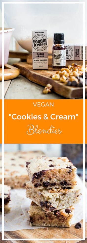 Cookies and Cream Vegan Blondies - delicately light vegan sponge filled with walnuts, chocolate chips and Cookies and Cream natural flavouring - these things are dangerously moreish!! #veganbaking #veganblondies #veganrecipes | Recipe on thecookandhim.com