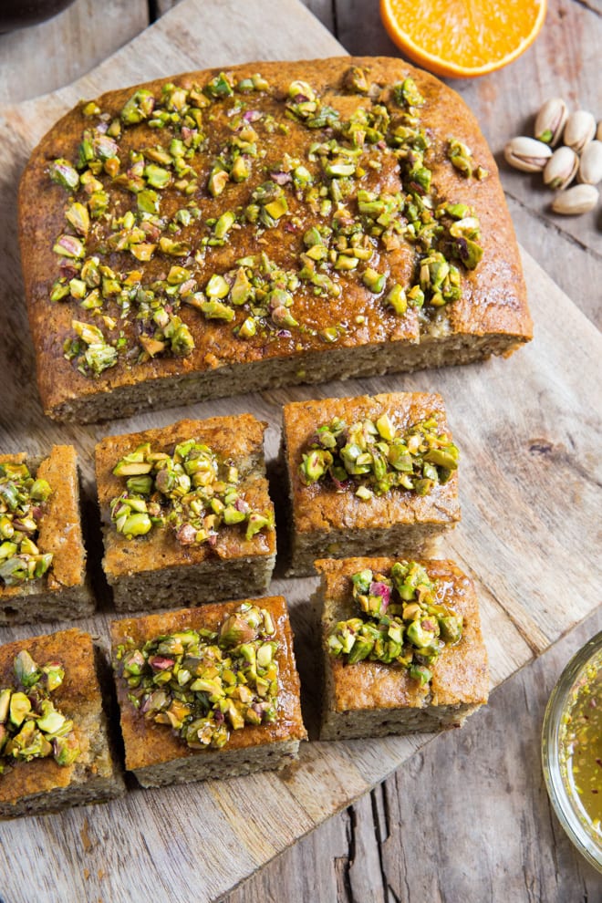 Light, soft and exceptionally moist vegan pistachio cake with an orange caramel syrup #vegancake #veganbaking #veganrecipes #pistachio | Recipe on thecookandhim.com