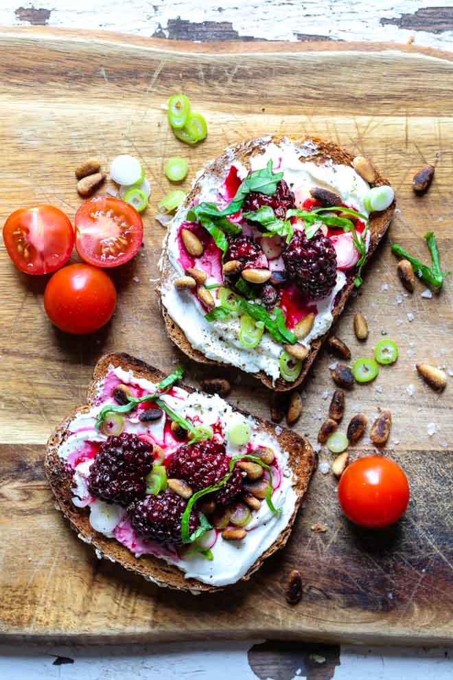 Blackberry, Goat's Cheese & Pine Nut Toasts