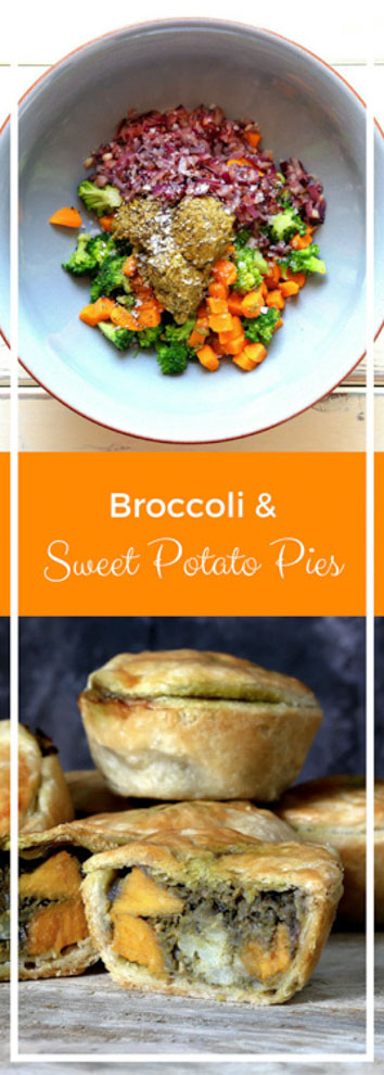 Whole wheat pastry crammed full of veggies and flavour makes these little broccoli pies perfect for lunch boxes, picnics or a quick snack! #minipies #sweetpotato #vegetarianrecipes #veggiepies | Recipe on thecookandhim.com
