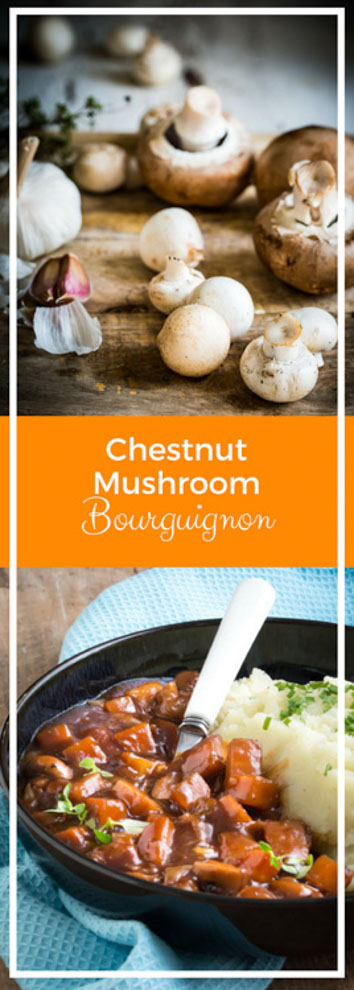 Rich and hearty, this mushroom bourguignon is cooked slowly to really bring out the flavour of all the seasonal veg! #mushroomrecipes #bourguignon #veganrecipes #meatfreecasserole | Recipe on thecookandhim.com