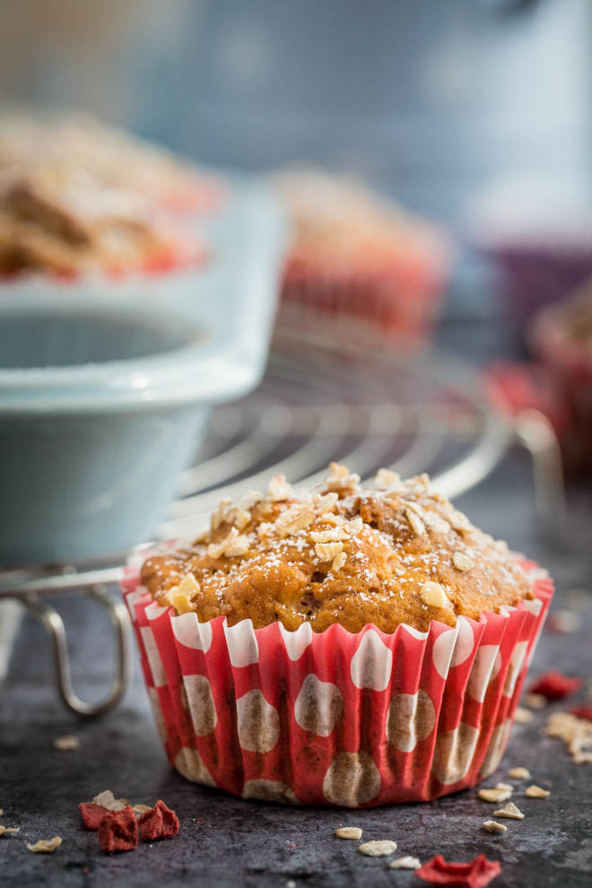 Light, fruity vegan protein muffins with delicious hints of vanilla. The perfect workout snack or grab and go breakfast! #veganprotein #plantbased #veganrecipes #veganmuffins | Recipe on the cookandhim.com