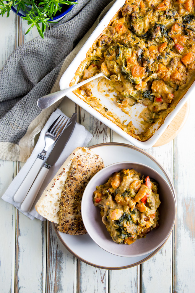 Vegan Vegetable Bake - creamy, rich and full of seasonal vegetables and soft vegan cheese, this hearty vegetable bake makes a great side or main dish! #vegan #vegetablebake #veganrecipes #meatfree #vegancheese | Recipe on thecookandhim.com