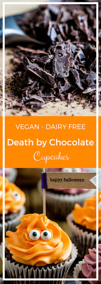 These spooky cute Death by Chocolate Cupcakes with devilishiously dark vegan chocolate and supernaturally sweet vegan frosting are a super easy Halloween recipe! #halloweenrecipes #veganhalloween #veganbaking #chocolatecupcakes | Recipe on thecookandhim.com