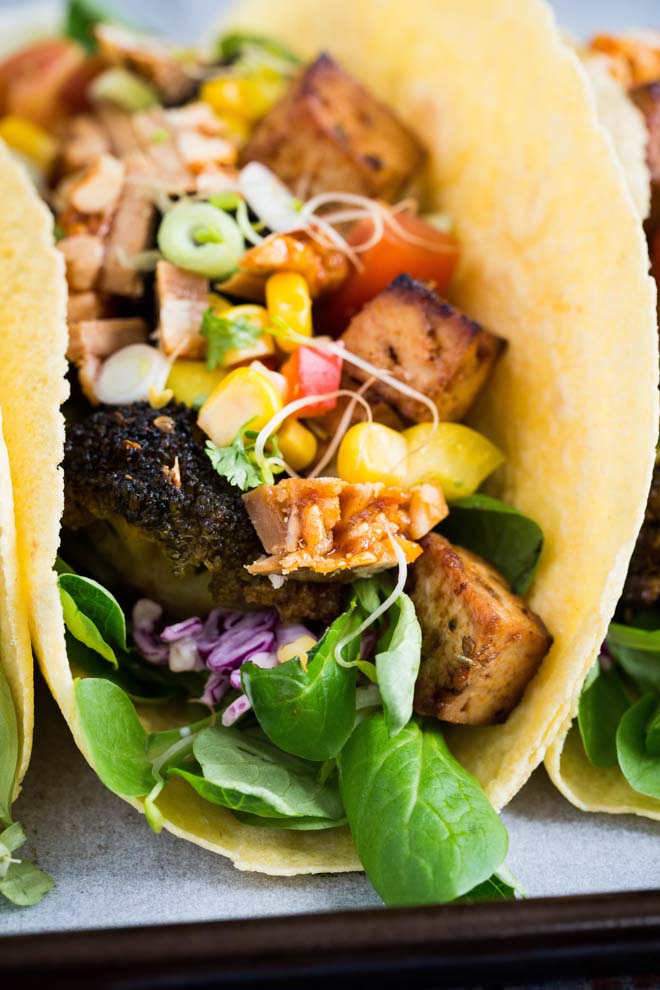 Sweet, smoky flavours of peri peri in these vegan tofu and broccoli tacos, topped with a bright fresh sweetcorn salsa! #periperi #tacos #veganrecipes #vegantacos #meatfree | Recipe on thecookandhim.com