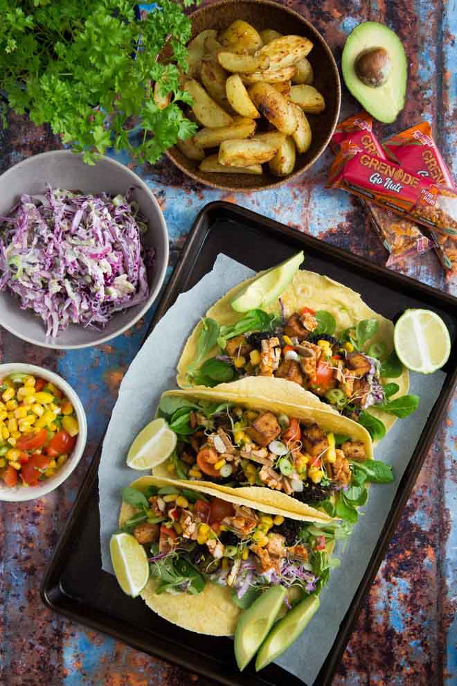 Sweet, smoky flavours of peri peri in these vegan tofu and broccoli tacos, topped with a bright fresh sweetcorn salsa! #periperi #tacos #veganrecipes #vegantacos #meatfree | Recipe on thecookandhim.com