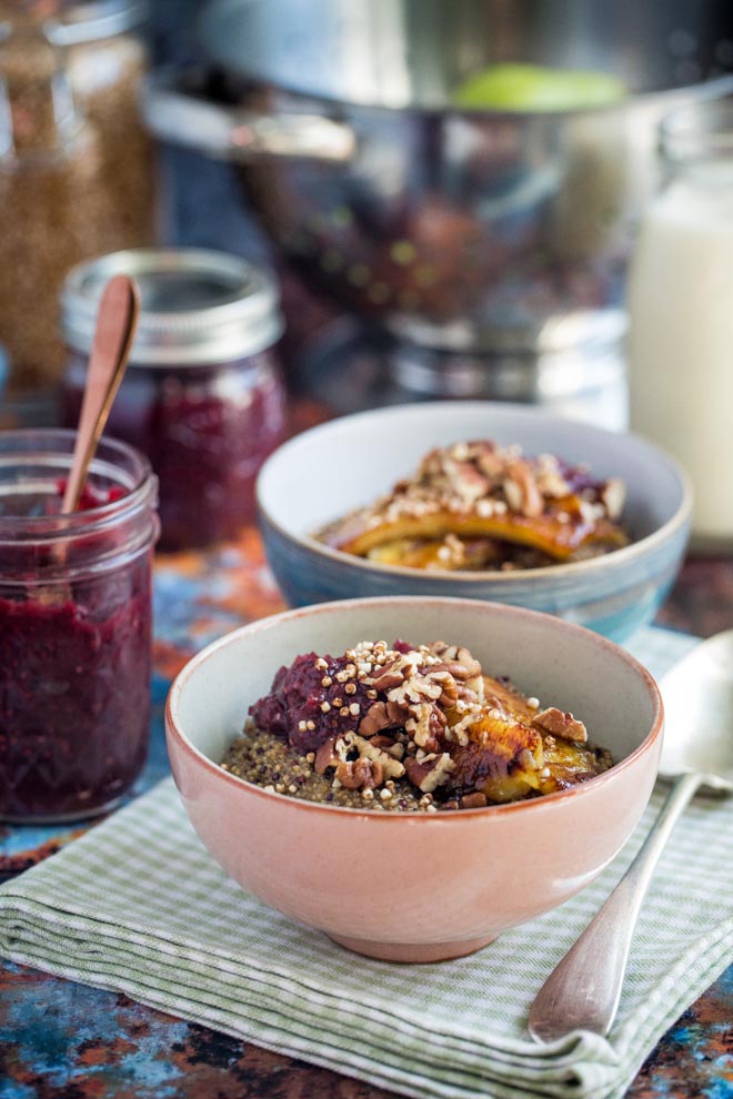 Start your morning off right with this rich and creamy quinoa porridge topped with autumn fruit jam. Full of flavour and energy boosting ingredients makes it a great alternative to oats! #quinoa #porridge #breakfast #veganrecipes #veganbreakfast | Recipe on thecookandhim.com