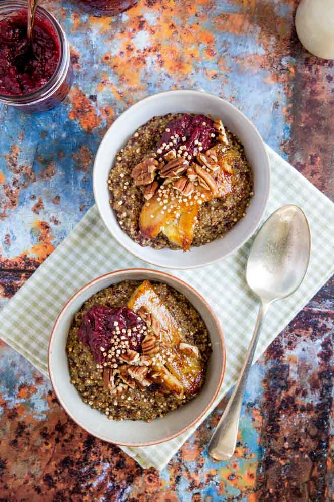 Start your morning off right with this rich and creamy quinoa porridge topped with autumn fruit jam. Full of flavour and energy boosting ingredients makes it a great alternative to oats! #quinoa #porridge #breakfast #veganrecipes #veganbreakfast | Recipe on thecookandhim.com