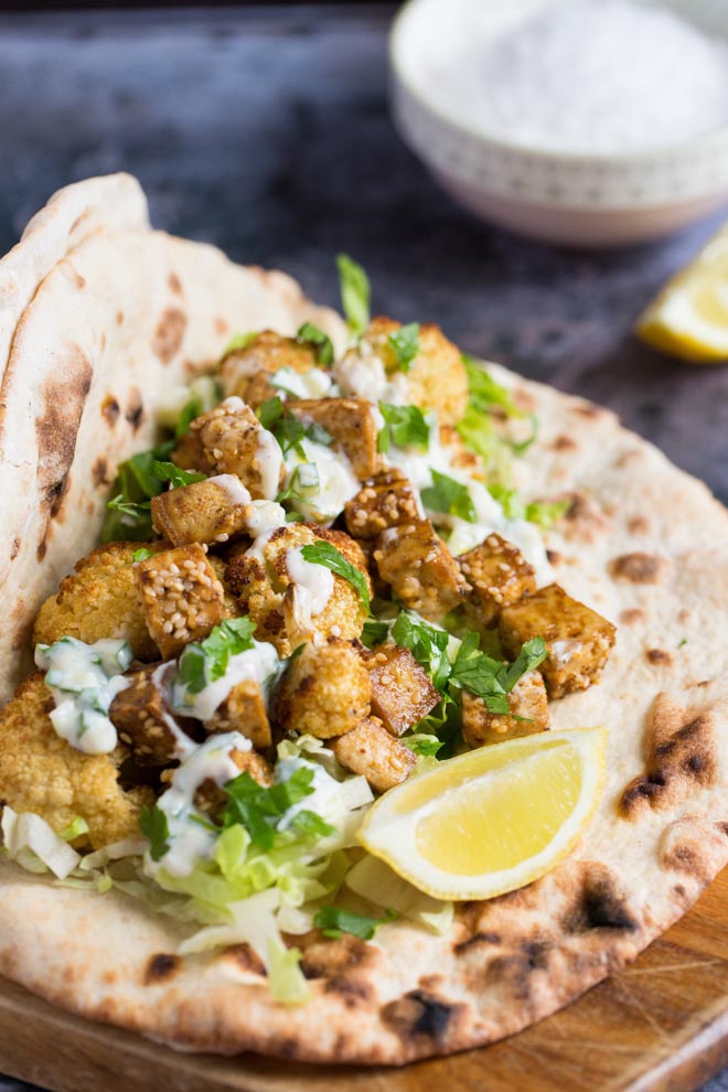 Za'atar Tofu and Cauliflower with Tzatziki Sauce