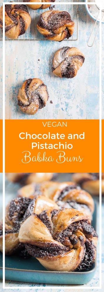 The perfect weekend breakfast, these crisp, buttery, sticky babka buns have a rich chocolate and pistachio filling that will have you licking your fingers in sheer delight! #breakfastrecipes #babka #veganrecipes #babkabuns #veganbaking | Recipe in thecookandhim.com