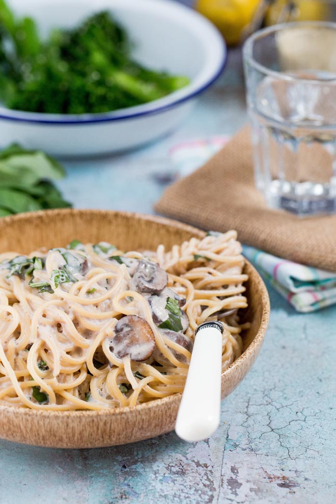 This deliciously light but creamy vegan pasta sauce is quick and easy enough for a weeknight meal but special enough for date night! #veganpasta #pastasauce #spaghetti #veganpastasauce | Recipe on thecookandhim.com
