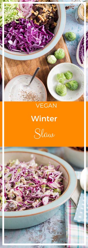 Creamy vegan winter slaw made with red cabbage, Brussels sprouts, red onion, crunchy walnuts, jewel like sultanas and a homemade vegan mustard mayonnaise! #veganrecipes #coleslaw #winterslaw #veganmayonnaise #veganmayo | Recipe on thecookandhim.com