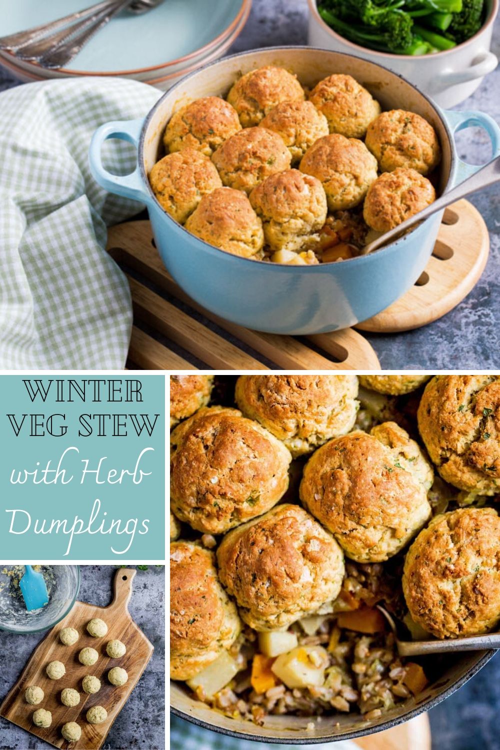 Hearty and delicious, this vegetable stew topped with crisp, vegan and gluten free herb dumplings is the perfect winter comfort food! #vegetables #casserole #stew #veganrecipes #vegandumplings #dumplings | Recipe on thecookandhim.com