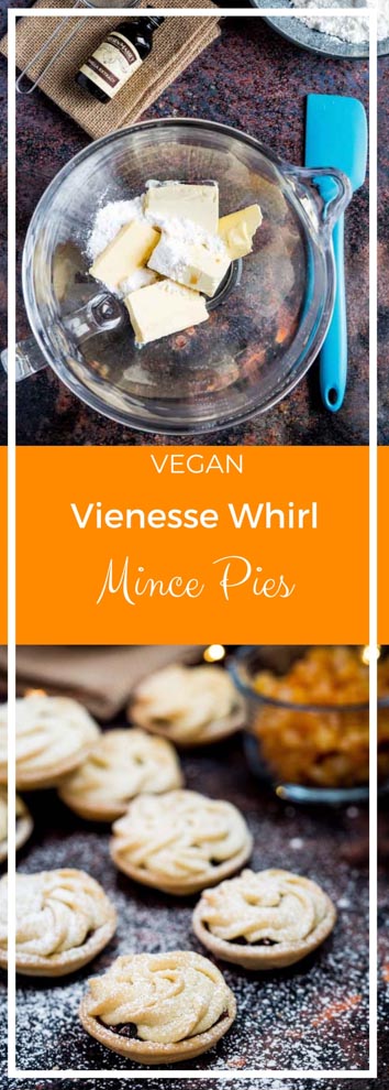 Filled with sticky homemade mincemeat, these rich, buttery vegan Viennese Whirl Mince Pies will soon become a real Christmas recipe favourite! #veganmincemeat #veganmincepies #viennesewhirls #veganchristmasrecipes #veganchristmas