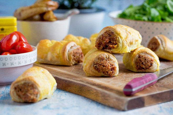 Perfect for picnics, packed lunches and buffet tables these vegan sausage rolls are simple to make but SO full of flavour! #veganfood #vegansausagerolls #veganrecipes #veganlunch #vegansnacks | Recipe on thecookandhim.com