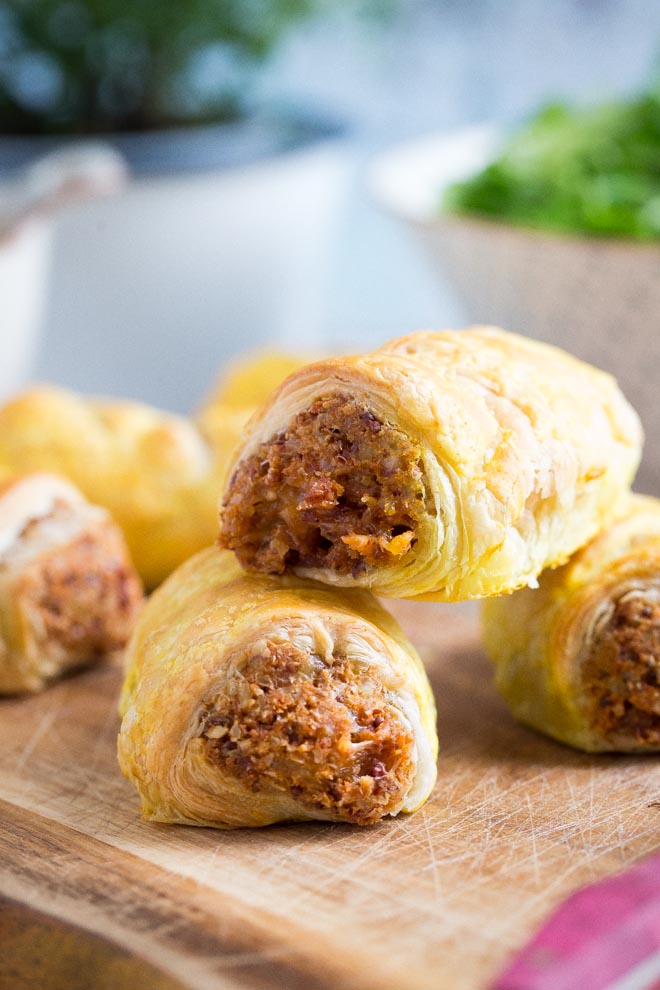 Perfect for picnics, packed lunches and buffet tables these vegan sausage rolls are simple to make but SO full of flavour! #veganfood #vegansausagerolls #veganrecipes #veganlunch #vegansnacks | Recipe on thecookandhim.com