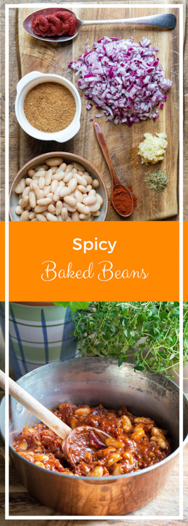 Both sweet and savoury with a spicy kick, these homemade baked beans are made with just a few store cupboard ingredients but are so versatile and absolutely packed with flavour! #bakedbeans #veganrecipes #spicybeans #comfortfood | Recipe on thecookandhim.com