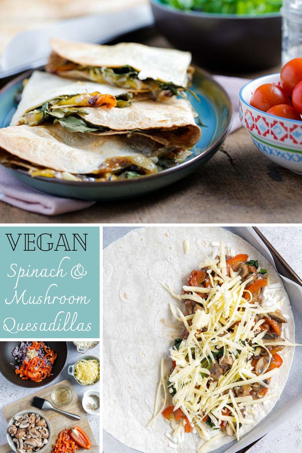 Full of veggies and vegan cheese these mushroom quesadillas are easy to prepare, full of flavour and make a delicious meal or filling snack #veganrecipes #veganquesadillas #veganquesadilla #quesadillas #vegandinner | Recipe on thecookandhim.com