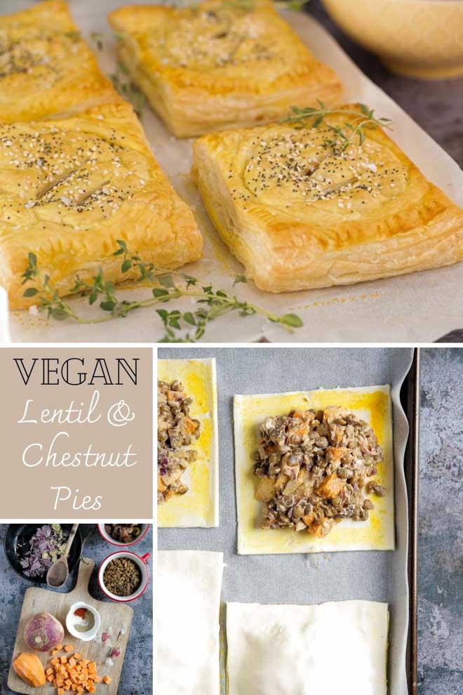 For a delicious vegan Christmas or Sunday roast alternative try these lentil and chestnut pies. They're easy to make and can be prepared ahead of time too! #lentils #chestnuts #puffpastry #veganpie #puffpastrypie #veganchristmas | Recipe on thecookandhim.com