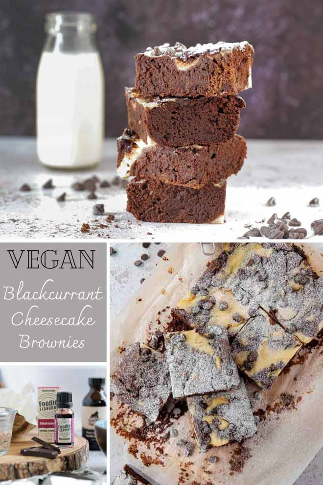 Rich, chocolatey and fudgy cheesecake brownies gently flavoured with blackcurrant and studded with dark chocolate chips. Decadently delicious! #veganbrownies #cheesecakebrownies #vegancheesecakebrownies #vegancheesecake #veganbaking #eggfree #brownies #creamcheesebrownies | Recipe on thecookandhim.com