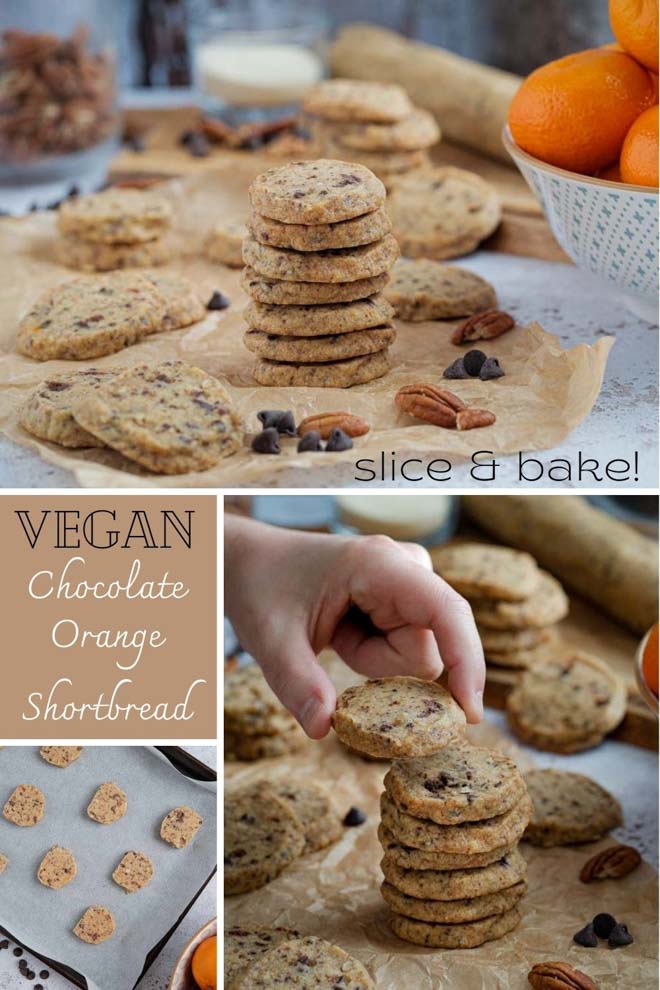 Vegan slice and bake chocolate orange shortbread cookies are perfect little bitesize pieces of nutty, spicy cookie heaven! So simple to make, no rolling and just a few ingredients! #vegancookies #veganshortbread #sliceandbake #chocolateorange #shortbreadcookies #shortbread | Recipe on thecookandhim.com