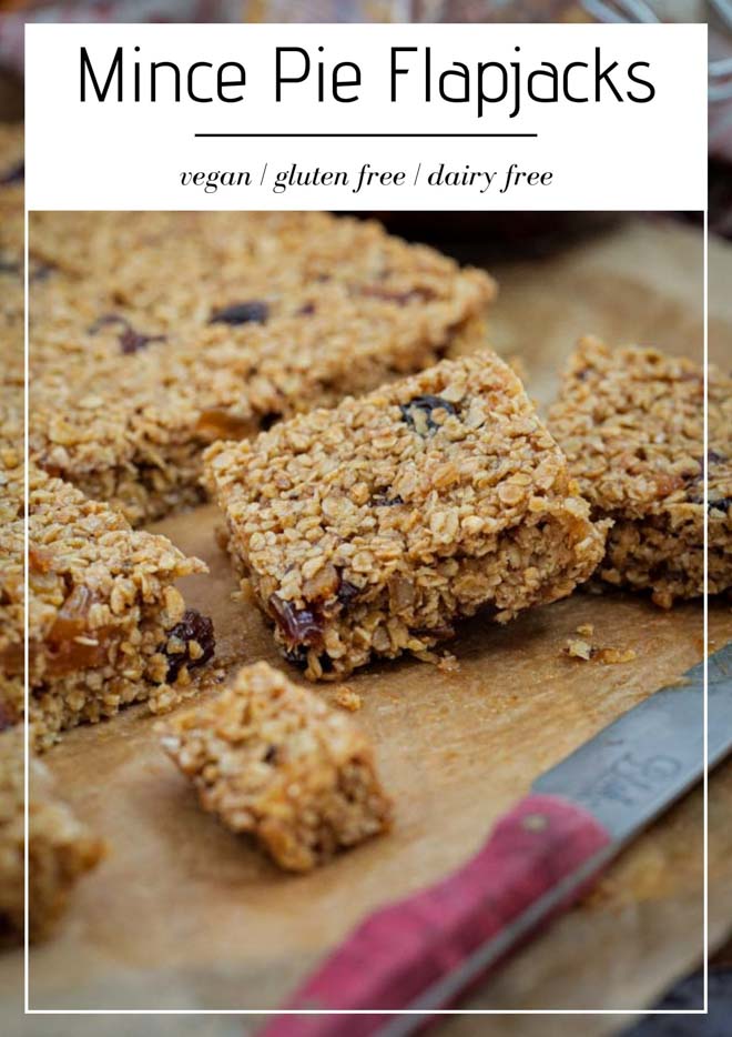These mince pie flapjacks are a super simple twist on a classic flapjack - all the golden syrup flavour with a spicy, fruity kick! A truly scrumptious festive treat! #mincepies #mincemeat #veganrecipes #veganchristmas #flapjack | Recipe on thecookandhim.com