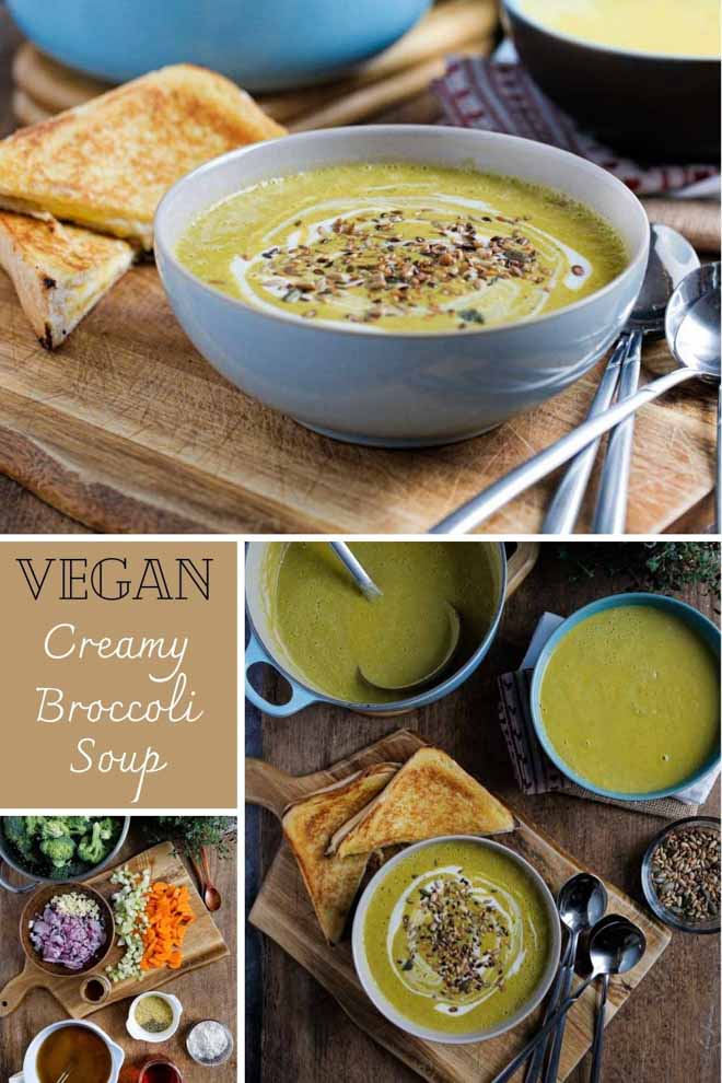 Healthy broccoli soup packed with veggies, a dash of wine and cream and tonnes of flavour! So simple but rich and satisfying this velvety vegan soup is made in just one pan in around 30 minutes! Serve with toasted vegan cheese sandwiches for comfort food heaven! #veganrecipes #vegansoup #broccolisoup #creamybroccolisoup #recipe #healthysoup #plantbased #dairyfree | Recipe on thecookandhim.com