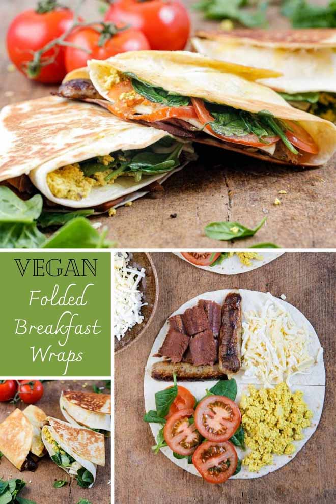 This folded breakfast wrap might not change your world but it'll definitely change the way you see folding wraps! This vegan breakfast version is filled with tofu eggs, vegan sausage, bacon and cheese, spinach and tomato. It's super easy, filling and SO delicious to eat! #breakfastwraps #veganbreakfast #vegansausages #veganbacon #tofuscramble #tofueggs #plantbased #highproteinveganbreakfast | Recipe on thecookandhim.com