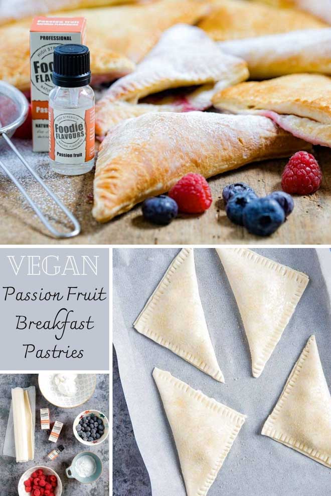 Crisp puff pastry filled with passion fruit flavour vegan cream cheese makes these berry breakfast pastries a simple but decadent crowd pleaser! Glaze with demerara sugar or icing sugar for a super simple sweet treat! #veganbreakfast #passionfruit #turnovers #vegancheese #vegandanish #puffpastry | Recipe on thecookandhim.com