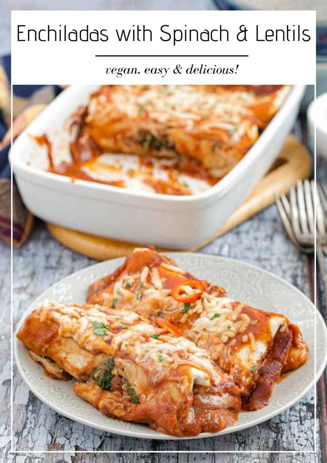 These smoky, spicy, hearty vegan enchiladas are filled with spinach, lentils and tonnes of flavour! Then they're smothered with a super simple, tasty, spicy enchilada sauce! #enchiladas #veganrecipes #plantbased #veganenchiladas #lentils #spinach #mexicanfood #spicyfood #jalapenos #vegancheese | Recipe on thecookandhim.com