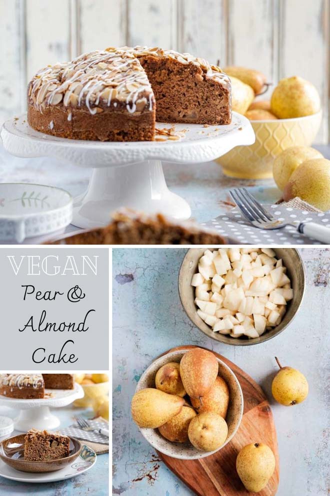 This delightful pear and almond cake is my take on an Italian classic - a light sponge brimming with fresh fruit and studded with crisp almonds. It's just as good on a rainy day with a cuppa tea as it is with a fancy quenelle of cream for an elegant dinner party! #vegancake #veganbaking #italiancake #pears #almonds #pearandalmondcake #plantbased #eggfreecake #dairyfree | Recipe on thecookandhim.com
