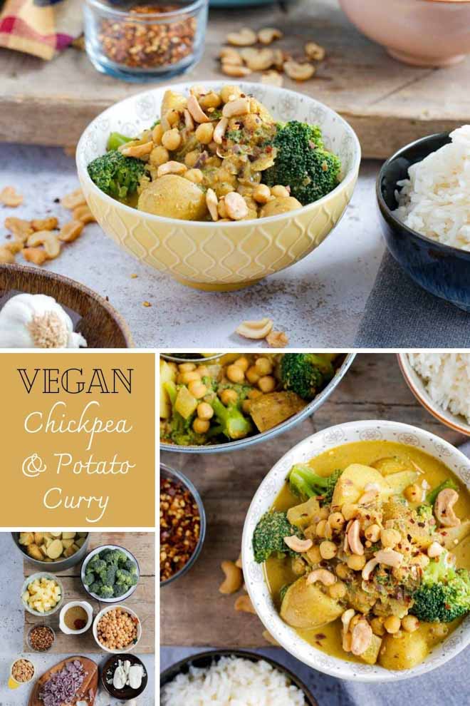Try this hearty, spicy, easy chickpea and potato curry full of warm, rich flavours for a wholesome midweek meal for the family! Much cheaper and just as quick as takeout! #vegancurry #vegancurryrecipes #chickpeacurryrecipe #chickpeapotatocurryrecipe #potatocurry #vegetablecurry #coconutmilk #garbanzobeans #masala #turmeric | Recipe on thecookandhim.com