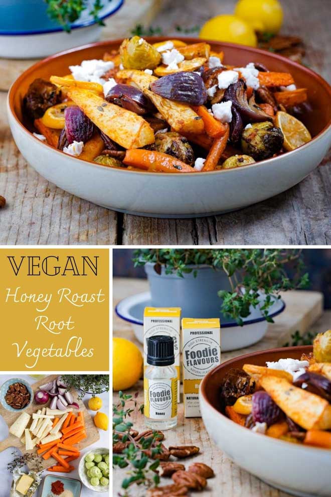 Vegan honey flavouring, caramelised lemon slices and fresh thyme give these roasted root veggies a delicious zesty tang! Top with crunchy pecans and vegan feta cheese and this dish becomes so much more than just a side! #veganhoney #roastveg #rootveg #sides #sidedishes #roastlemon | Recipe on thecookandhim.com