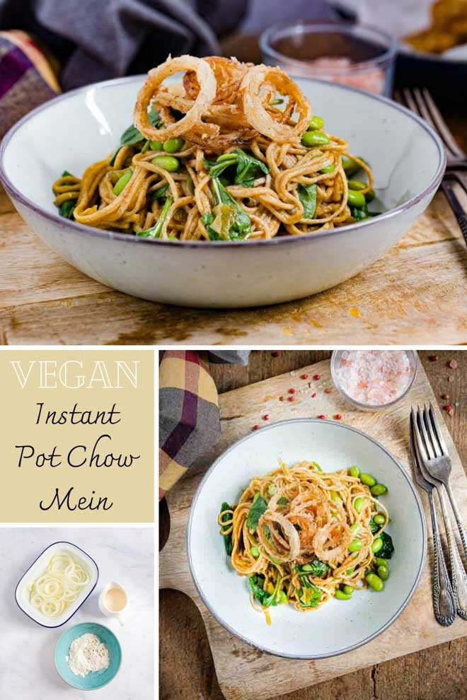 Ditch the takeout and make this delicious vegetable chow mein in less time than it takes to get it delivered! This family friendly vegan recipe is made even easier in an Instant Pot! #chowmein #instantpot #veganinstantpot #instantpotrecipe #pressurecookier #veganchowmein #vegetablechowmein | Recipe on thecookandhim.com