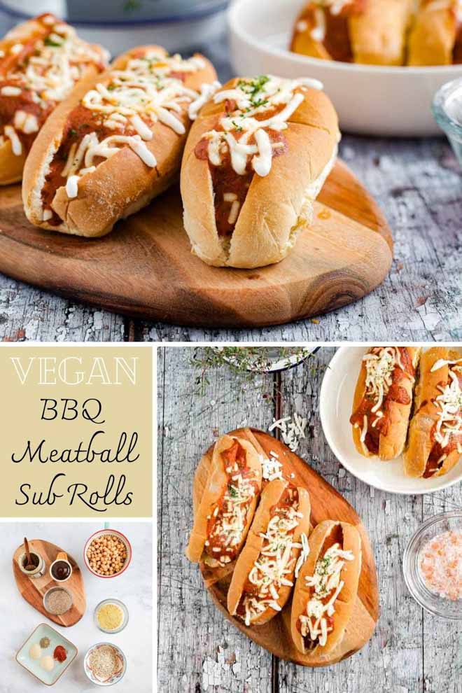 Crusty rolls stuffed with BBQ meatballs, smothered in a tangy homemade tomato sauce and topped with vegan cheese for a family favourite! #veganbbq #vegansubs #veganrecipes #veganmeatballs #meatfree #plantbased #meatlessmeatballs | Recipe on thecookandhim.com