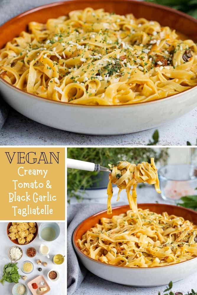 Ready in about 20 minutes this tagliatelle is perfect when you're busy and hungry but still want something fuss free, tasty and satisfying! #tagliatelle #vegan #veganrecipes #veganpasta #blackgarlic #creamypastasauce #tomatopastasauce | Recipe on thecookandhim.com