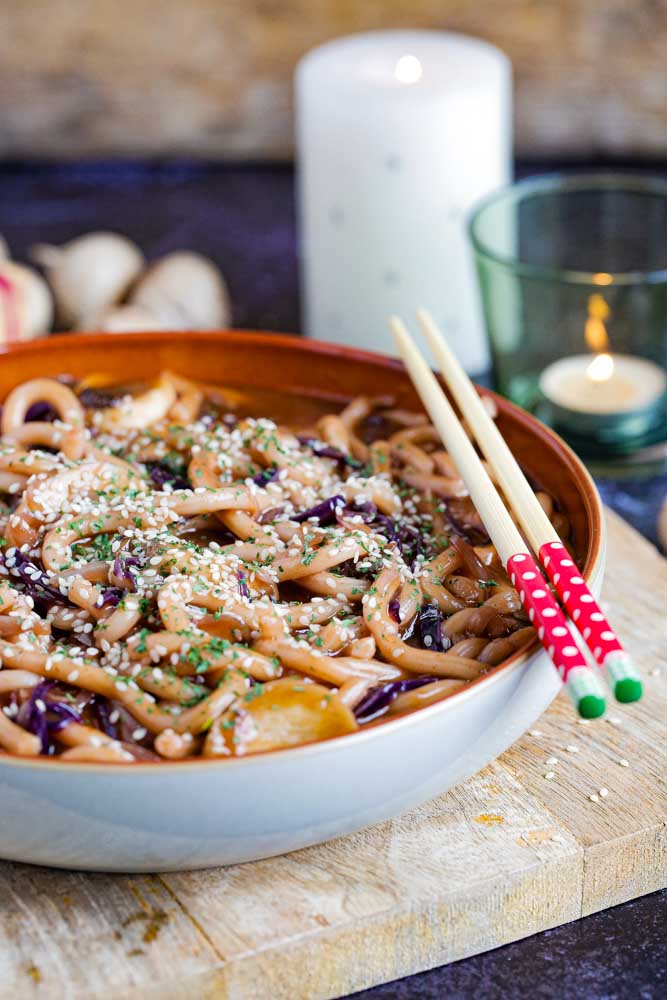 Udon Noodles with Black Garlic and King Oyster Mushrooms