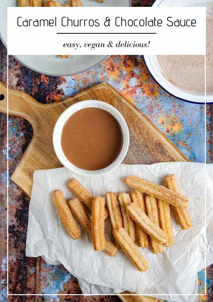 No one will ever know (or care!) that these caramel churros are vegan because they are SO good! Make sure to make a lot too, as they disappear FAST with their fluffy insides and cinnamon sugar crunchy outside! Dunk in velvety chocolate sauce for utter indulgence! #veganrecipes #vegan #veganchurros #churros #friedchurros #churrorecipe
