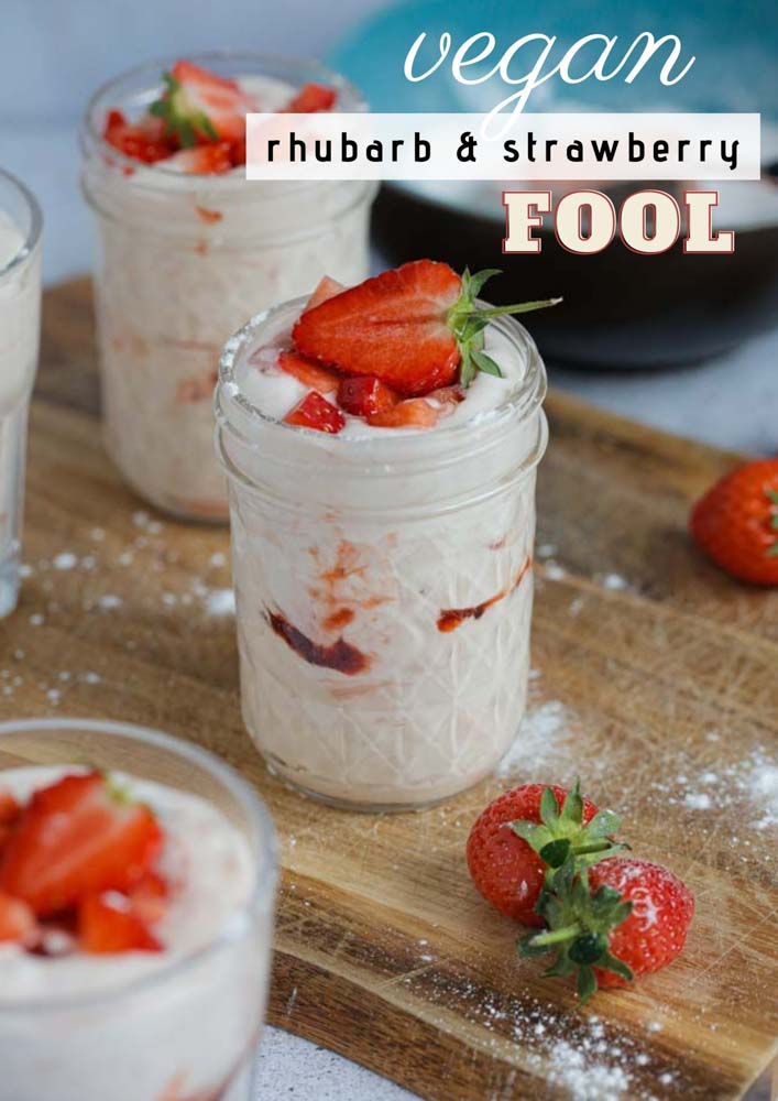 Full of bright, fresh flavour, this fruity fool is a creamy base swirled with the easiest rhubarb and strawberry jam. A deliciously light and fruity summer dessert | Recipe on thecookandhim.com #fruitfool #summerdessert #veganfool #rhurbarb #strawberry #plantbased #dairyfree